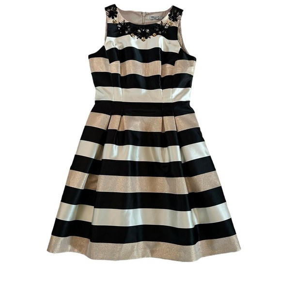 Eliza J Black White Gold Striped A-Line Jewel Dress Size 2P - Picture 7 of 17
